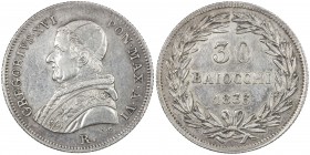 PAPAL STATES: Gregory XVI, 1831-1846, AR 30 baiocchi, 1836-R, KM-1109, some hairlines, boldly struck, lightly toned, EF to AU, RR, ex Wolfgang Schuste...