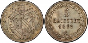 PAPAL STATES: Pius IX, 1846-1878, AR 5 baiocchi, 1865 year XX, KM-1341a, a superb quality example with light toning! PCGS graded MS66, ex Wolfgang Sch...