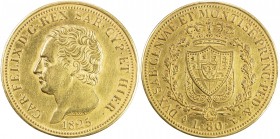 SARDINIA: Carlo Felice, 1821-1831, AV 80 lire, 1825, KM-123.1, Cr-108. Fr-1133, engraver Amedeo Lavy, eagle privy mark, with titles translating as Cha...