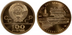 U.S.S.R.: AV 100 roubles, Leningrad mint, 1978, Y-151, gold commemorative for the 1980 Summer Olympics in Moscow - View of Lenin Stadium, choice Brill...