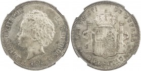 SPAIN: Alfonso XIII, 1886-1931, AR 5 pesetas, 1893 (93), KM-700, initials PG-L, NGC graded MS62.
Estimate: USD 125 - 175