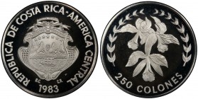 COSTA RICA: Republic, AR 250 colones, 1983, KM-217, National arms // Guaria Morada orchid, struck at the Franklin Mint, mintage of only 393 pieces! PC...