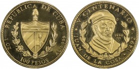 CUBA: Republic, AV 100 pesos, 1990, KM-305, 500th Anniversary - Discovery of America; portrait of Juan de la Cosa, mintage of only 250 coins, Proof, R...