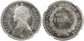 MARTINIQUE: 1 franc, 1[897], KM-E4, Lec-10A, copper-nickel pattern essai with reeded edge and only first digit of date in die, corrosion on edge, NGC ...