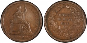 MEXICO: Republic, AE 1/8 real, 1850-Mo, KM-334, DB-1020a, nice chocolate brown color, key date, PCGS graded AU53, S. 
Estimate: USD 300 - 500