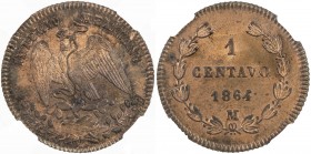 MEXICO: Maximilian, 1864-1867, AE centavo, 1864-M, KM-384, great strike, nearly full red on reverse, one-year type, NGC graded MS63 RB, RR. 
Estimate...
