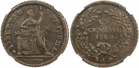 MEXICO: Republic, AE centavo, 1863-SLP, KM-390.1, San Luis Potosi Mint issue, double-punched 6 in date, chocolate brown color, one-year type, NGC grad...