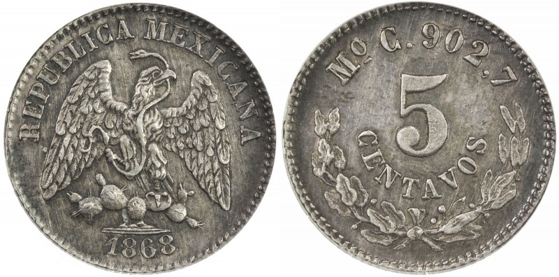 MEXICO: Republic, AR 5 centavos, 1868-Mo, KM-Pn108, assayer C, pattern for adopt...