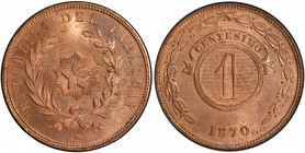 PARAGUAY: Republic, AE centésimo, 1870, KM-2, specimen strike, Heaton mint, Birmingham, PCGS graded Specimen 65 RD. The "SHAW" that appears on Paragua...