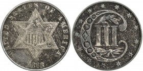 UNITED STATES: AR 3 cents, 1868, PCGS graded Proof 65, Type 3 silver "trime", a lovely example with light blue reverse toning! Proofs of this date are...