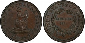 UNITED STATES: AE token, 1838, HT-81, Low-54, PCGS graded AU58+, Hard-Times antislavery type, AM I NOT A WOMAN & A SISTER around female slave in chain...
