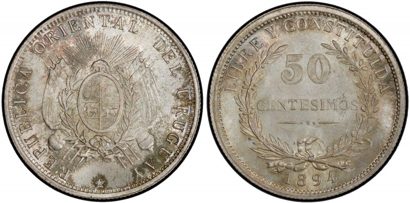 URUGUAY: Republic, AR 50 centésimos, 1894, KM-16, a dazzling toned gem comprised...