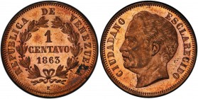 VENEZUELA: Republic, AE centavo, 1863, KM-E1, pattern essai, José Antonio Páez bust left, lovely brilliant red luster! PCGS graded Specimen 63 RD. The...