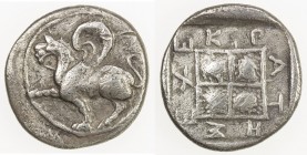 ABDERA: ca. 395-360 BC, AR tetrobol (2.62g), May-318/22, griffin seated left, raising forepaw // stippled quadripartite square; magistrate's name Exek...