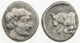 CARIA: Hekatomnos, ca 395-376 BC, AR diobol (1.19g), Winzer 13.1, bearded head of Hekatomnos right // forepart of a bull to left, retrograde E on shou...