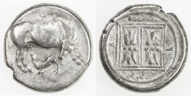 ILLYRIAN CITIES: AR stater (10.61g), Dyrrhachion, ca. 340-280 BC, cf. Cy-1752, cow, with her calf suckling milk // double stellate pattern divided by ...