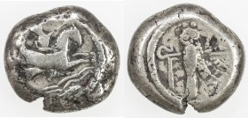 TYRE: Anonymous, ca. 425-394 BC, AR shekel (12.84g), cf. BMC-19, Melkart holding bow, riding hippocamp; below, sea waves, dolphin below // owl standin...