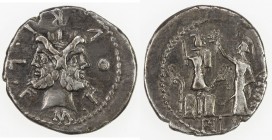 ROMAN REPUBLIC: M. Furius L.f. Philus, 119 BC, AR denarius (3.88g), Rome, S-156, RRC-281/1, laureate head of Janus // Roma standing, crowning trophy w...