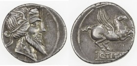 ROMAN REPUBLIC: Q. Titius, 90 BC, AR denarius (3.94g), Rome, S-238, RRC-341.1, male head right, with long pointed beard, wearing winged diadem // Pega...