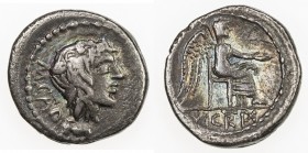 ROMAN REPUBLIC: M. Porcius Cato, 47-46 BC, AR quinarius (2.08g), Rome, Crawford-462/2, head of Liber to right, wearing ivy-wreath // Victoria seated, ...