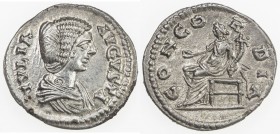 ROMAN EMPIRE: Julia Domna, wife of Septimius Severus, 193-211, AR denarius (2.69g), Laodikeia, RIC-637, Concordia enthroned, holding patera & cornucop...