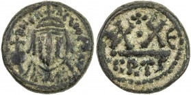 BYZANTINE EMPIRE: Heraclius, 610-641 AD, AE ½ follis (5.39g), ND, Sear 874, Carthage Mint, bearded, helmeted, and cuirassed bust facing, holding globe...