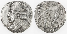 PARTHIAN KINGDOM: Pakoros II, AD 78-105, BI tetradrachm (14.19g), Seleukeia on the Tigris, SE404 (= 96/95 AD), Shore-—, Sell-77, king's bust left, wea...