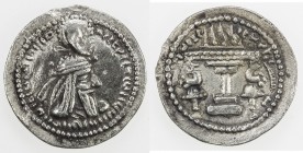 SASANIAN KINGDOM: Ardashir I, 224-241, AR obol (0.76g), G-12, king's bust, wearing tight headdress with korymbos & earflaps // fire altar, trace of mo...