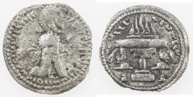SASANIAN KINGDOM: Ardashir I, 224-241, AR obol (0.66g), G-12, king's bust, wearing tight headdress with korymbos & earflaps // fire altar, Fine.
Esti...