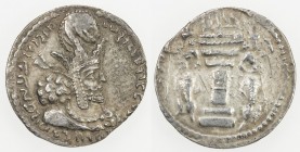 SASANIAN KINGDOM: Shahpur (Sabuhr) I, 241-272, AR obol (0.62g), G-25, king's bust, wearing tiara headdress with korymbos & earflaps // fire altar guar...