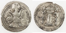 SASANIAN KINGDOM: Shahpur (Sabuhr) I, 241-272, AR obol (0.64g), G-25, king's bust, wearing tiara headdress with korymbos & earflaps // fire altar guar...