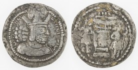 SASANIAN KINGDOM: Shahpur (Sabuhr) I, 241-272, AR obol (0.66g), G-25, king's bust, wearing tiara headdress with korymbos & earflaps // fire altar guar...
