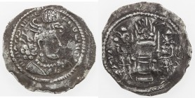 SASANIAN KINGDOM: Hormizd II, 303-309, AR obol (0.33g), G-85var, king's bust right, wearing winged eagle crown // fire altar & 2 attendants, right att...