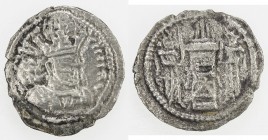 SASANIAN KINGDOM: Shahpur (Sabuhr) II, 309-379, AR obol (0.32g), G-89var, king's bust right, wearing mural crown // fire altar & 2 attendants, left at...