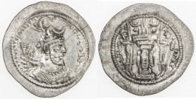 SASANIAN KINGDOM: Yazdigerd I, 399-420, AR drachm (3.96g), AS (the Treasury mint), G-147, 2nd series, crown with korymbos, crescent right, and 2 small...
