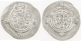 SASANIAN KINGDOM: Yazdigerd III, 632-651, AR drachm (4.18g), BN (uncertain mint, perhaps Bamm), year 13, G-235, pellet at 11:30 on the reverse, AU. Th...