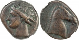 ZEUGITANA: AE 19 (5.93g), ca. 300-264 BC, SNG Copenhagen 149, Carthage, wreathed bust of Tanit left // horse head right, no symbol in right field, Sar...