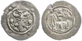 HEPHTHALITE: Anonymous, 6th century, AR drachm (3.45g), NM, G-287, derived from Sasanian Peroz type G-176, with traces of the Pahlavi letter M at left...