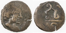 KABARNA: Anonymous, 7th/8th century, AE cash (1.24g), S&K—, bust right, with round-top hat, uncertain symbol before // tamgha as on S&K type 8 (which ...