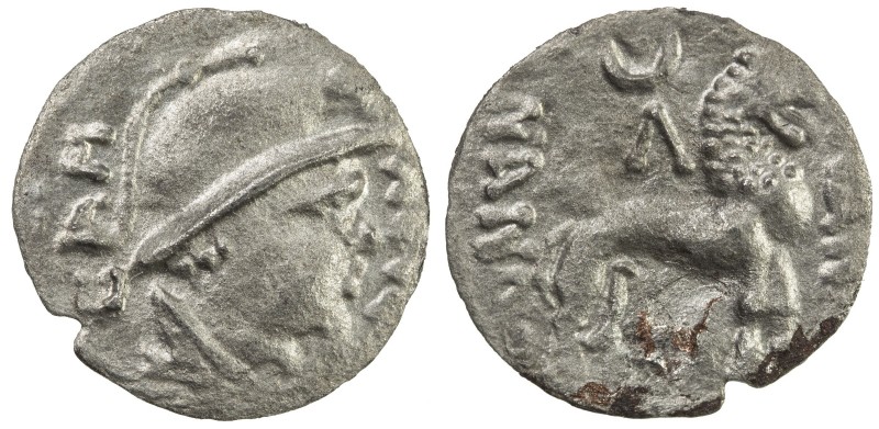 YUEH CHI: Sapadbizes, late 1st century BC, AR obol (0.38g), Mitch-2829/30, helme...