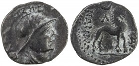 YUEH CHI: Sapadbizes, late 1st century BC, AR hemidrachm (1.18g), Mitch-2829/30, helmeted and draped bust right // lion standing right; above, crescen...