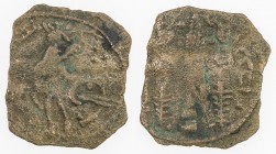 ARAB-SASANIAN: Anonymous, ca. 700-720, AE pashiz (0.40g), ST (Istakhr), A-F46, elephant rider // standard fire altar with two attendants, mint signatu...