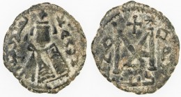 ARAB-BYZANTINE: Imperial Bust, ca. 680-692, AE fals (3.56g), Tardus (Antardus), ND, A-3525, mint name in Arabic left, KAΛΩN right // capital M, flanke...
