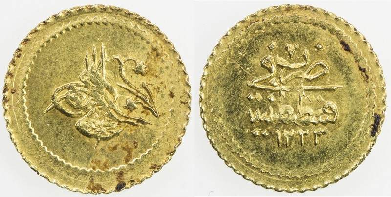 TURKEY: Mahmud II, 1808-1839, AV rubiye (0.80g), Kostantiniye, AH1223 year 7, KM...