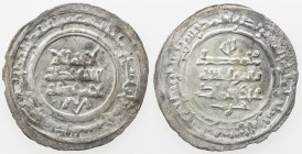 BANIJURID: Harb b. Sahlan, ca. 950-976, AR dirham (3.39g), Andaraba, AH343, A-1438.1, bold mint & date, with tamgha below reverse, one corrosion spot ...