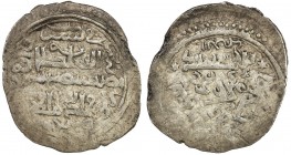 ILKHAN: Anushiravan, 1344-1356, AR 2 dirhams (1.28g), Tabriz, AH746, A-2262, type B (plain circle with name in Uighur // kalima arranged in a triangle...