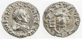 INDO-GREEK: Menander I, ca. 155-130 BC, AR drachm (2.51g), Bop-13E, diademed bust right // Athena Alkidemos standing, holding shield & thunderbolt, EF...
