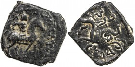 INDO-SCYTHIAN SATRAPS: Kharahostes, ca. 1-5 AD, AE square unit (7.97g), Mitch-2476, Senior-143.7, king on horseback, holding whip // lion right, VF.
...