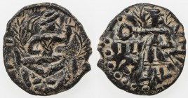 KUSHAN: Huvishka, ca. 155-187, AE unit (4.63g), Pieper-1256 (this piece), cross-legged seated king holding trident // sun deity Miiro standing to left...