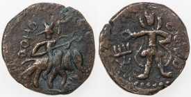 KUSHAN: Huvishka, ca. 155-187, AE unit (10.26g), Pieper-1231 (this piece), king on elephant to right, remnants of Huvishka's name left // standing moo...